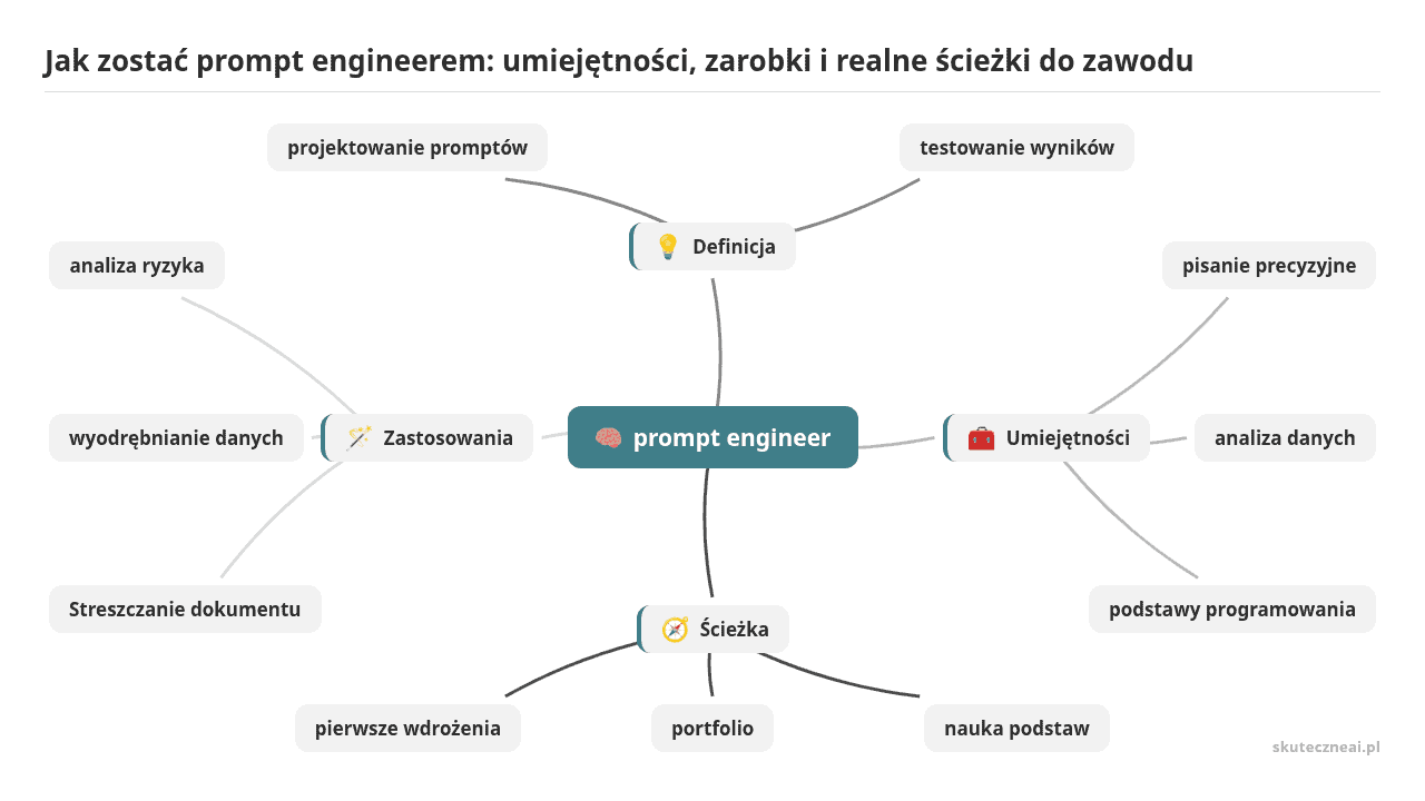 Mapa myśli: prompt engineer, gałęzie: Definicja, Umiejętności, Ścieżka, Zastosowania