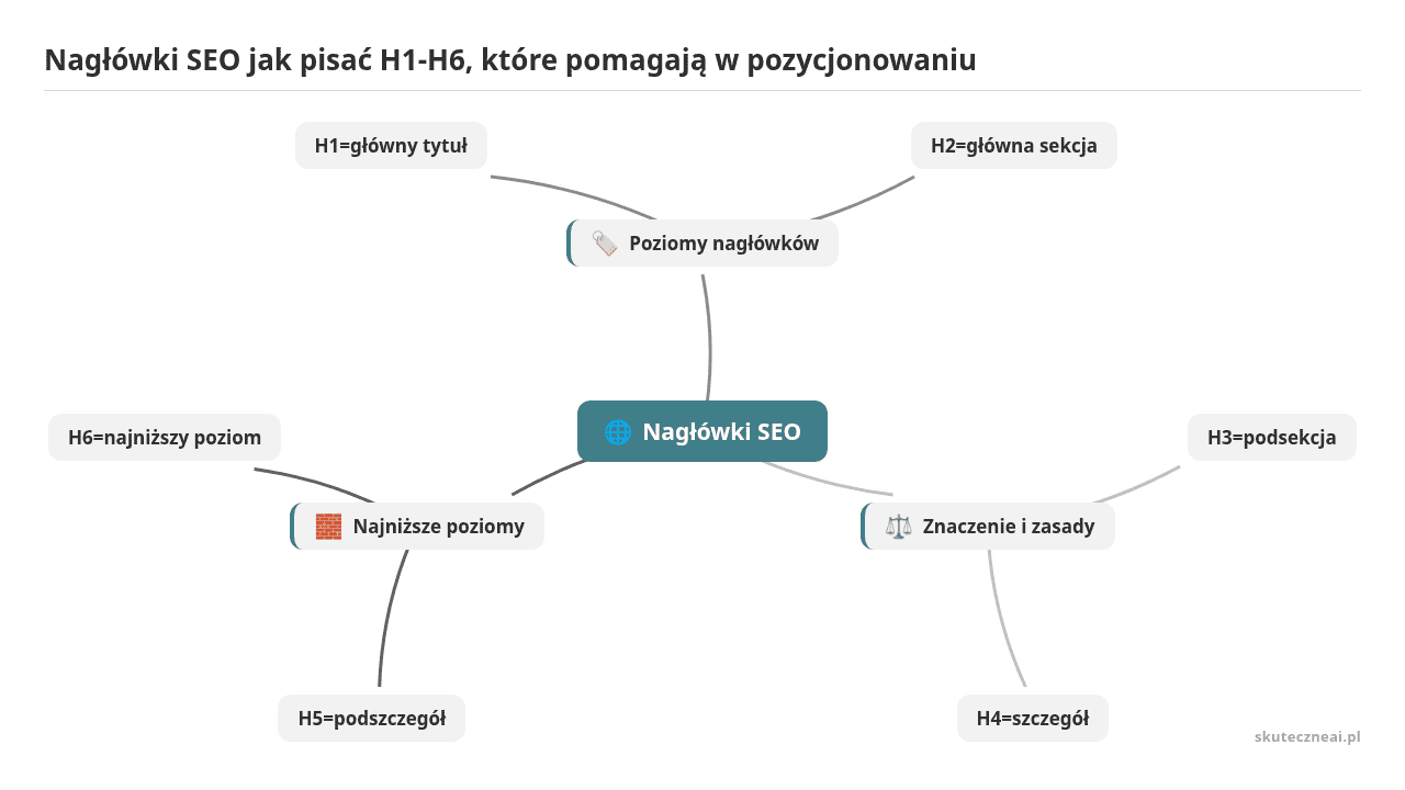 Mapa myśli: Nagłówki SEO, gałęzie: Poziomy nagłówków, Znaczenie i zasady, Najniższe poziomy